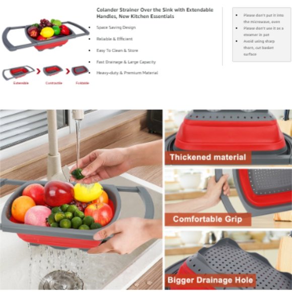 Collapsible Strainer w/ Extendable Handle Over The Sink - Silicone Colander 6Qt - Picture 8 of 10